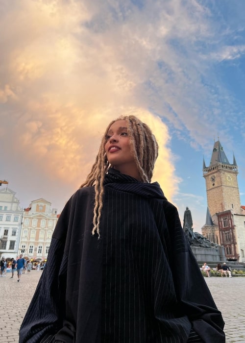 Sara James as seen while posing for a picture in Prague, Czech Republic in July 2023