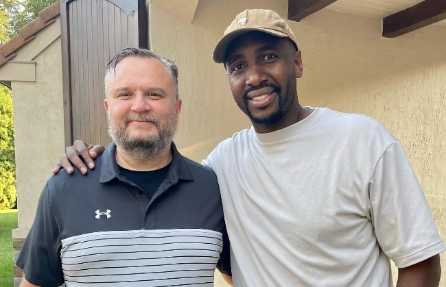 Daryl Morey (Left) as seen while smiling for a picture along with Luc Mbah A Moute in Philadelphia, Pennsylvania in September 2022