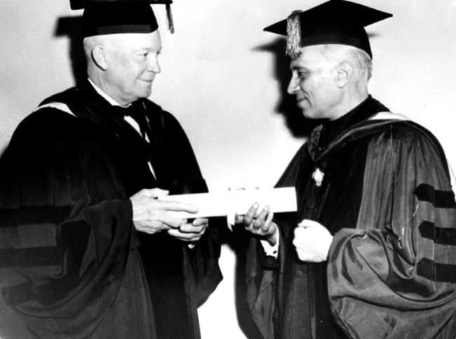 Dwight D. Eisenhower (Left) as seen while presenting the Honorary Degree of LL.D. to Prime Minister of India Jawaharlal Nehru in October 1949
