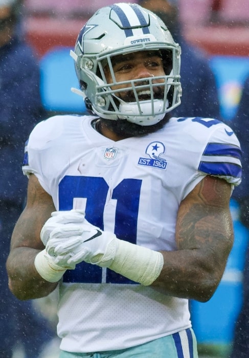 Ezekiel Elliott as seen with the Dallas Cowboys during a game against the Washington Football Team at FedEx Field in Landover, Maryland on October 25, 2020