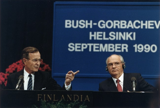 George H. W. Bush (Left) and Soviet President Mikhail Gorbachev as seen during a press conference at the Helsinki Summit, Finland on September 9, 1990