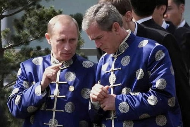 George W. Bush (Right) as seen with Russian president Vladimir Putin in Shanghai, China on October 21, 2001
