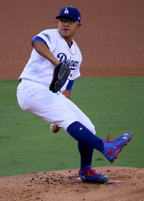 Julio Urías as seen while pitching for the Los Angeles Dodgers in the 1st inning during Game 4 of the NLCS on October 19, 2016