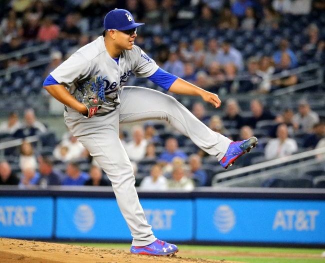 Julio Urías as seen while pitching for the Los Angeles Dodgers in the first inning of a game against the New York Yankees at Yankee Stadium in the Bronx, New York, NY on September 13, 2016