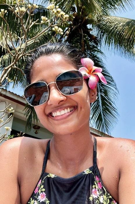 Keerthi Pandian as seen while smiling in a selfie in June 2023