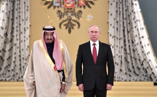 Salman of Saudi Arabia (Left) posing for the camera along with Vladimir Putin in Kremlin, Moscow in 2017