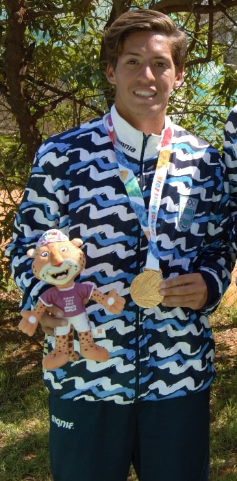 Sebastián Báez as seen while posing for the camera with his gold medal after the boys doubles tennis final at the 2018 Summer Youth Olympics
