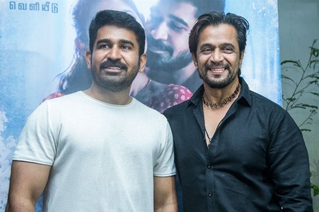 Vijay Antony (Left) as seen with Arjun at the ‘Kolaigaran’ press meet in 2019