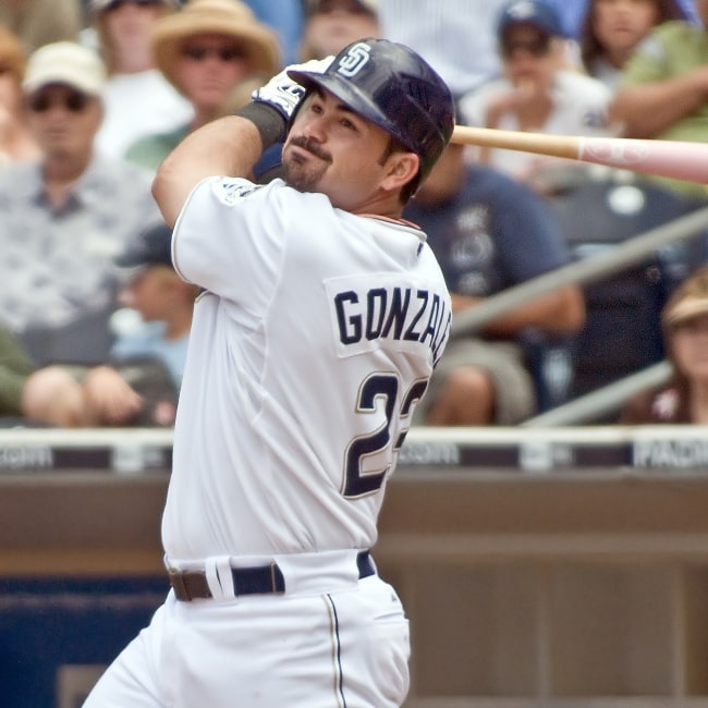 Adrian Gonzalez for the San Diego Padres first baseman swings at a pitch in a game on 5,11,2008 vs the Colorado Rockies at Petco Park
