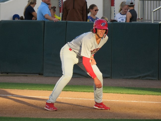 Alec Bohm as seen with the Clearwater Threshers (Low-A) taking a lead from first base in 2019