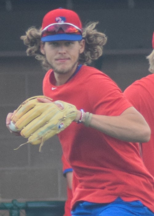 Alec Bohm as seen with the Philadelphia Phillies during warm-ups before a game on July 15, 2020