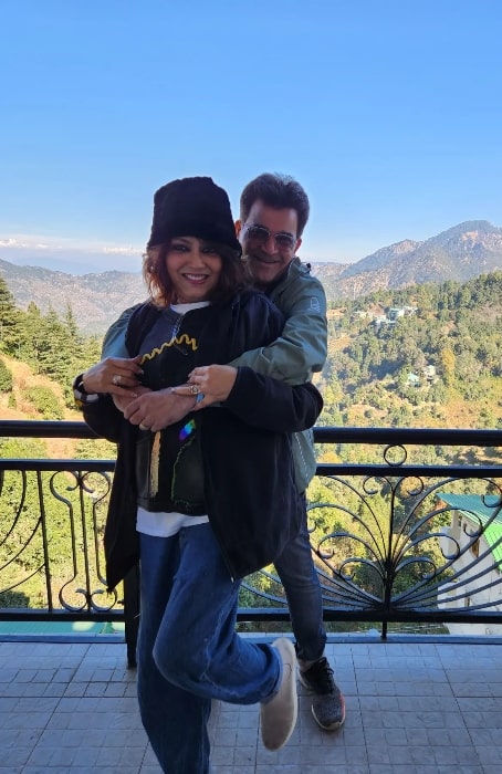 Anjali Mukhi as seen while smiling in a picture with Indraneel Bhattacharya as they enjoy their time in Uttarakhand, India in November 2022