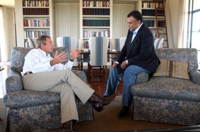 Bandar bin Sultan Al Saud (Right) pictured while meeting President George W. Bush at the Bush Ranch in Crawford, Texas in August 27, 2002