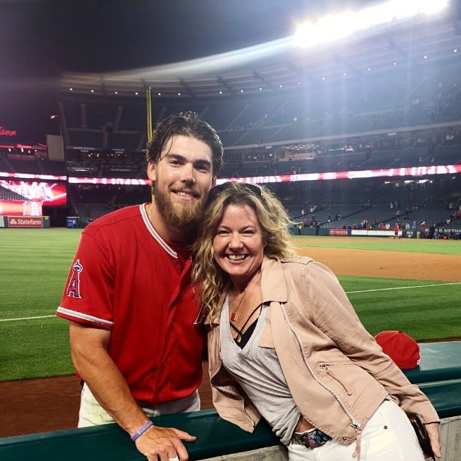 Brandon Marsh as seen while smiling for a picture with his mother at Angel Stadium in Anaheim, California in March 2019