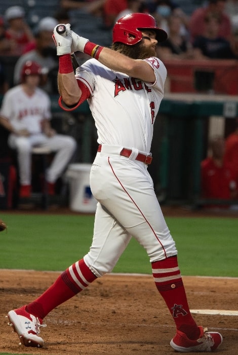 Brandon Marsh as seen with the Los Angeles Angels taking a warm-up swing prior to his plate appearance during a game against the San Diego Padres on August 27, 2021