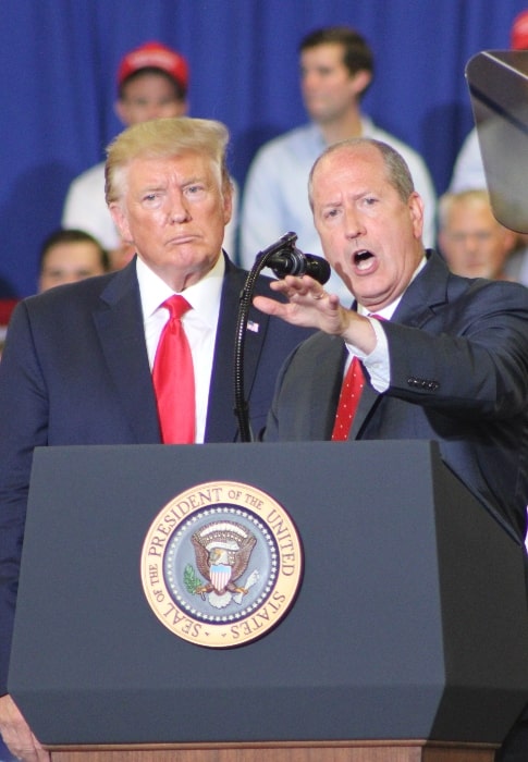 Dan Bishop (Right) as seen with President Donald Trump at the Keep America Great rally in Fayetteville, North Carolina in September 2019