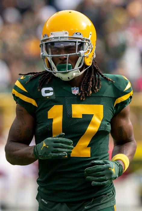 Davante Adams as seen with the Green Bay Packers in a game against the Washington Football Team at Lambeau Field in Green Bay, Wisconsin on October 24, 2021