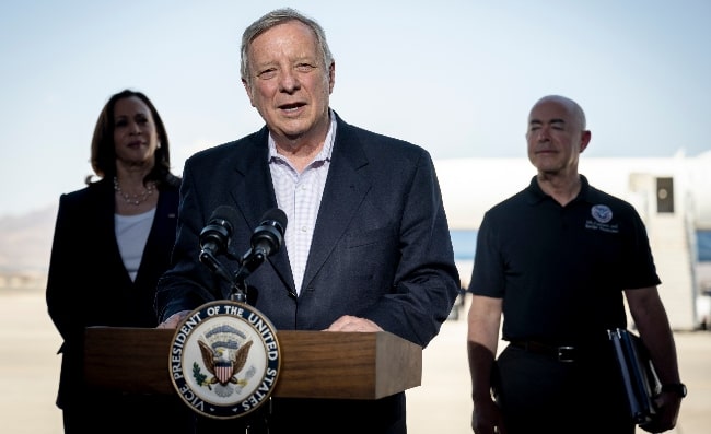 Dick Durbin (Center) as seen while speaking at a press conference in El Paso, Texas with Vice President Kamala Harris and U.S. Homeland Security Secretary Alejandro Mayorkas in the background in 2021