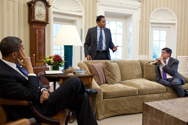 From Left to Right - Barack Obama, Rob Nabors, and Jack Lew as seen while discussing the ongoing budget negotiations on a funding bill in the Oval Office on April 8, 2011