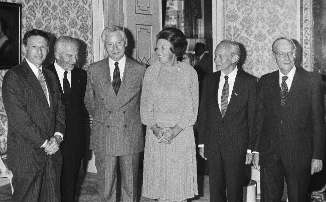 From Left to Right - Paul Berg, Christian de Duve, Steven Weinberg, Queen Beatrix, Manfred Eigen, and Nicolaas Bloembergen pictured in 1983