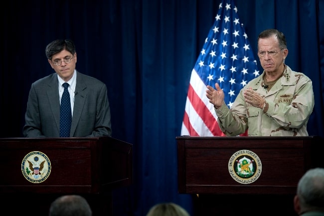 Jack Lew (Left) as seen with former Chair of the Joint Chiefs Admiral Mike Mullen at the Combined Press Information Center in Baghdad on July 27, 2010