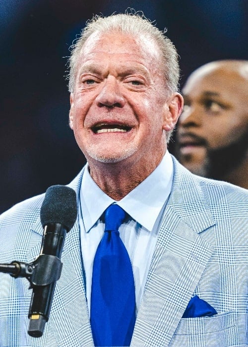 Jim Irsay as seen while giving a speech during the Ring of Honor ceremony at halftime of the Indianapolis Colts versus Washington Commanders game on October 30, 2022