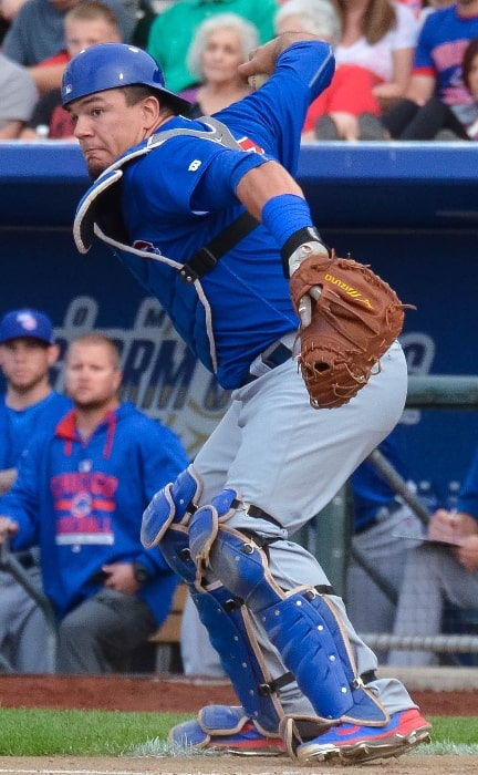 Kyle Schwarber as seen while catching for the Iowa Cubs (Triple-A) during a game on July 8, 2015