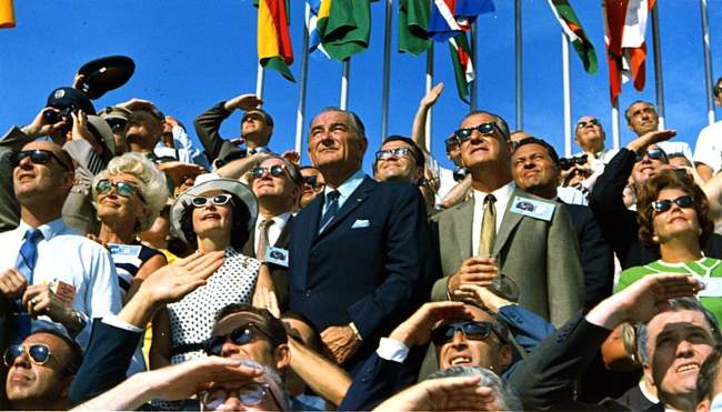 Lyndon B. Johnson (left, without sunglasses) and Vice President Spiro Agnew (right, with sunglasses) watching the liftoff of Apollo 11 in 1969