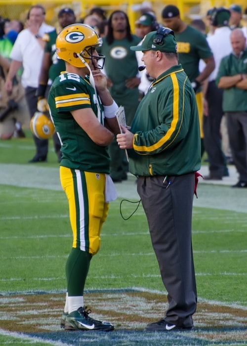 Mike McCarthy (Right) and quarterback Aaron Rodgers at Lambeau Field on September 9, 2012