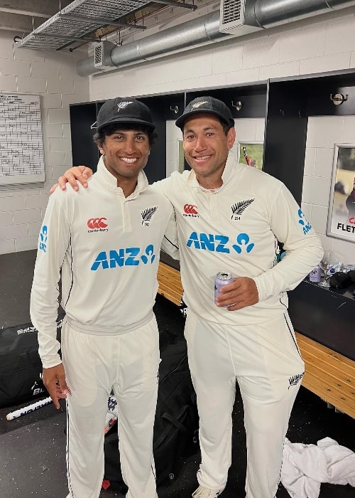 Rachin Ravindra (Left) as seen while smiling for a picture with Ross Taylor at Hagley Oval in Christchurch, New Zealand in January 2022