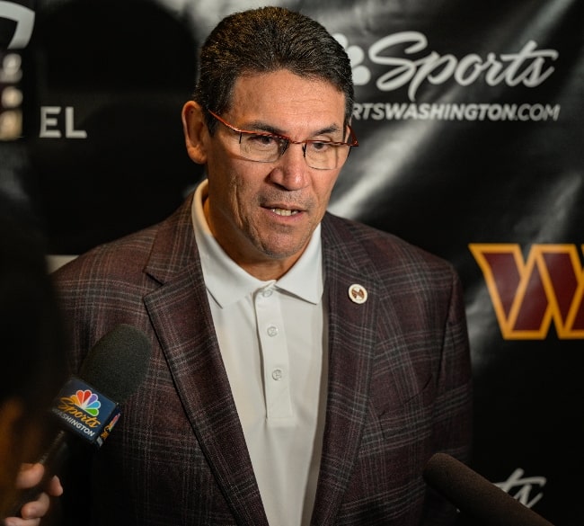 Ron Rivera as Washington Commanders head coach answering questions from reporters after the Carson Wentz introductory press conference at Inova Sports Performance Center in Ashburn on March 17, 2022