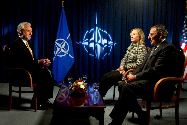 Wolf Blitzer (Left) interviewing U.S. Defense Secretary Leon E. Panetta and Secretary of State Hillary Rodham Clinton at the NATO jumbo ministerial at NATO headquarters in Brussels on April 18, 2012