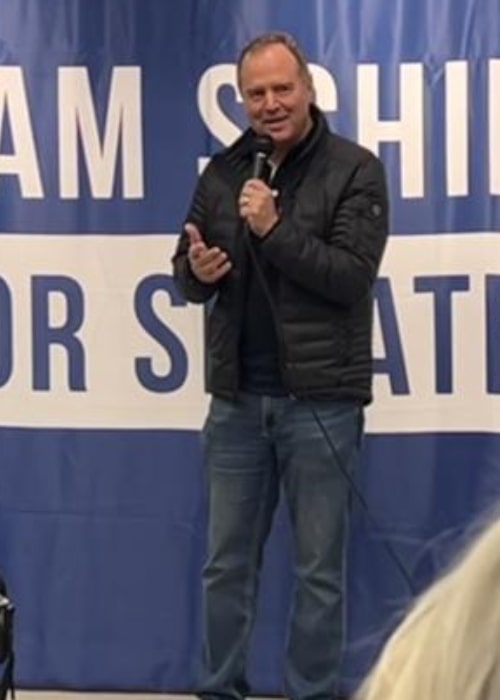 Adam Schiff as seen while speaking at his first Senate campaign event in Davis, Yolo County, California in February 2023