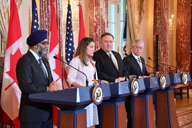 From Left to Right - Harjit Sajjan, Canadian Minister of Foreign Affairs Chrystia Freeland, U.S. Secretary of State Michael R. Pompeo, and U.S. Secretary of Defense James Mattis in 2018