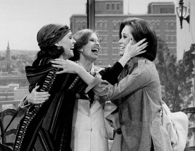 From Left to Right - Valerie Harper, Cloris Leachman, and Mary Tyler Moore as seen in the finale of 'The Mary Tyler Moore Show' (1977)