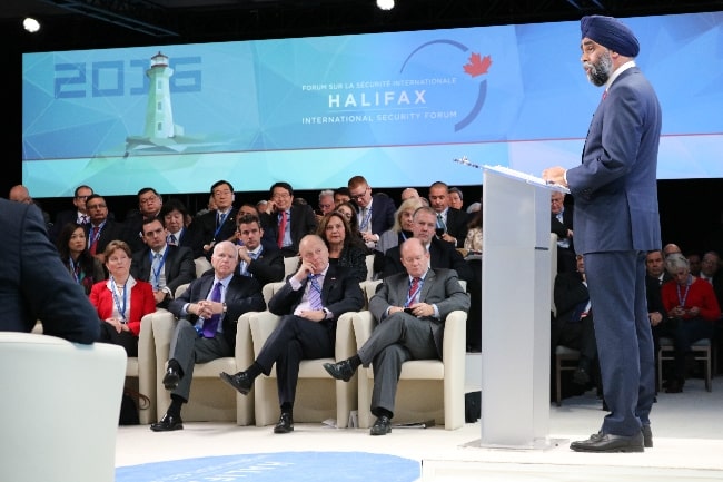 Harjit Sajjan as seen while addressing the U.S. congressional delegation in Halifax, Nova Scotia, for the 2016 Halifax International Security Forum