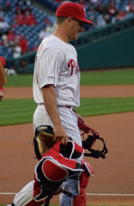 J. T. Realmuto as seen with the Philadelphia Phillies getting ready to catch before a game on March 31, 2019
