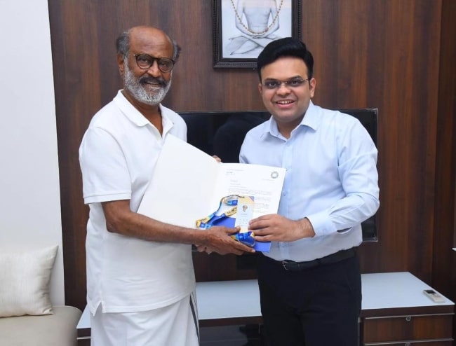 Jay Shah (Right) as seen while smiling for a picture with Rajinikanth in September 2023