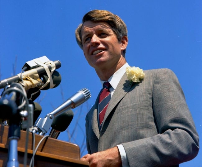 Robert F. Kennedy as seen while addressing a crowd at San Fernando Valley State College, California during his 1968 presidential campaign