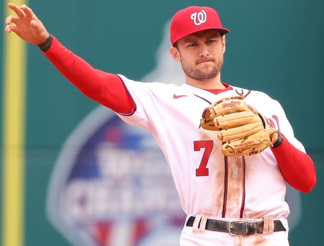 Trea Turner as seen at shortstop for the Washington Nationals during a game against the Arizona Diamondbacks at Nationals Park on April 17, 2021