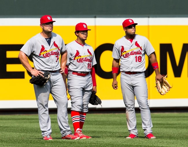 From Left to Right - Matt Holliday, Jon Jay, and Oscar Taveras as seen in the outfield for the St. Louis Cardinals during a game against the Baltimore Orioles on August 10, 2014