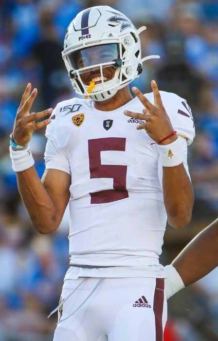 Jayden Daniels as seen while celebrating with Arizona State after scoring a one yard touchdown against UCLA on October 26, 2019, in Pasadena, California