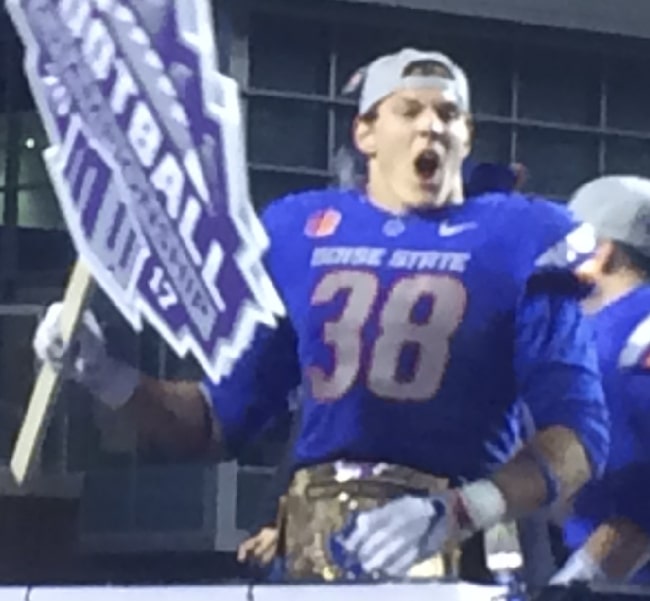 Leighton Vander Esch as seen while celebrating after winning the 2017 Mountain West Championship game on December 2, 2017, at Albertsons Stadium