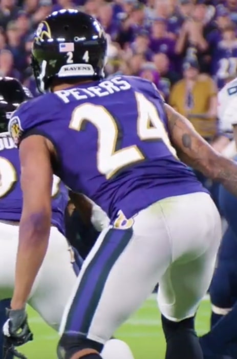 Marcus Peters as seen with Baltimore Ravens during a playoff game against the Tennessee Titans on January 14, 2020