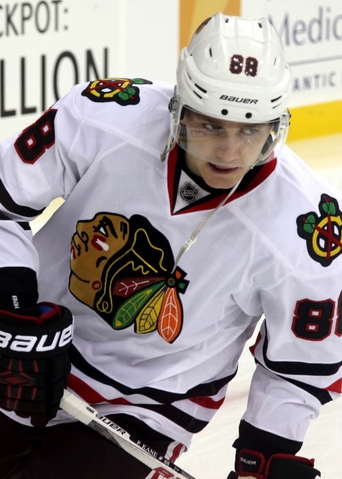 Patrick Kane as alternate captain for the Chicago Blackhawks during pre-game warm-ups prior to a game on December 9, 2014