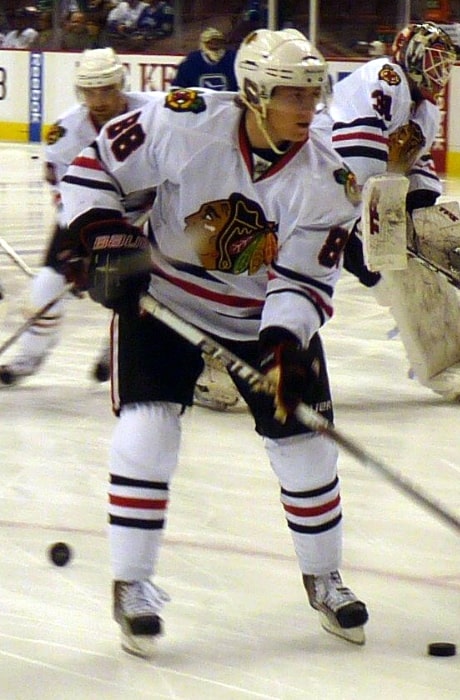 Patrick Kane as seen with the Chicago Blackhawks during pre-game warm-ups before a game against the Vancouver Canucks at GM Place on November 22, 2009