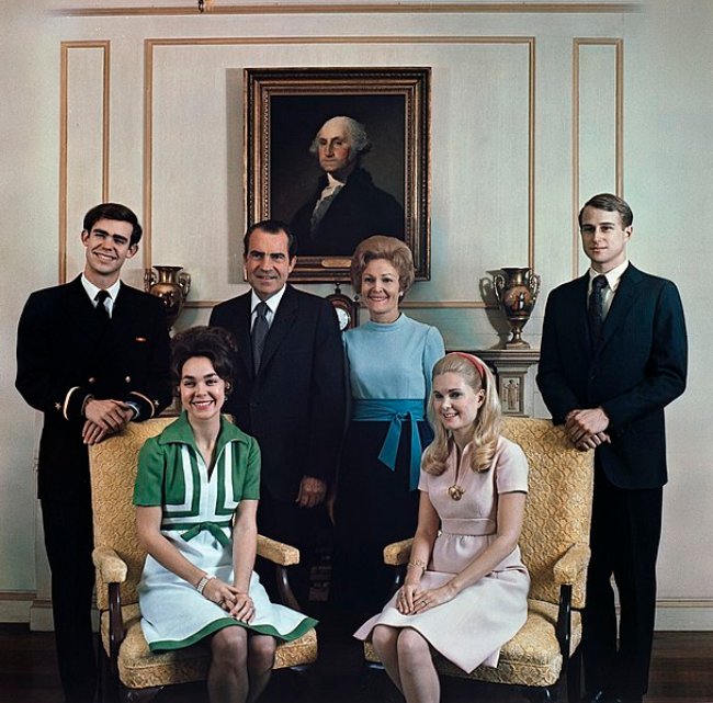 President Richard Nixon as seen with his wife, daughters, and son-in-laws in December 1971