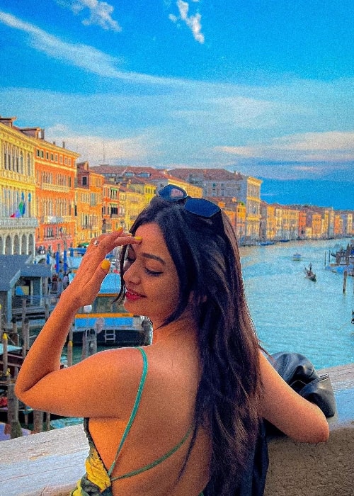 Swini Khara as seen while smiling for a picture in Venice, Italy in July 2023