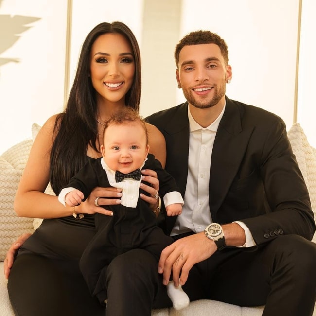 Zach LaVine as seen in a picture with his beau Hunter Mar and son Saint Thomas Lavine that was taken in December 2022