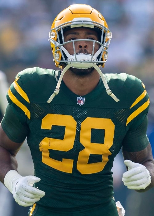 AJ Dillon as seen with the Green Bay Packers in 2021